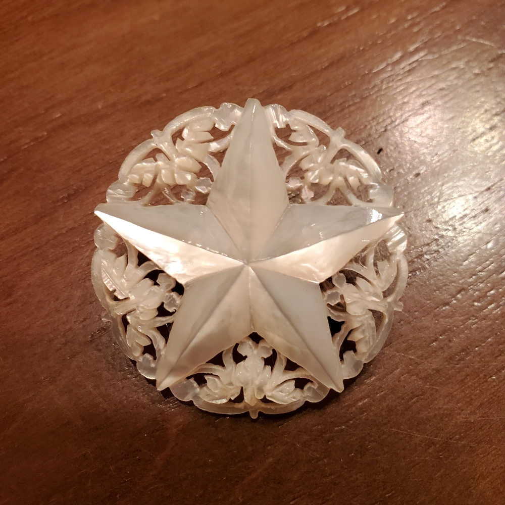 Bethlehem Carved Mother of Pearl Openwork Star Pin